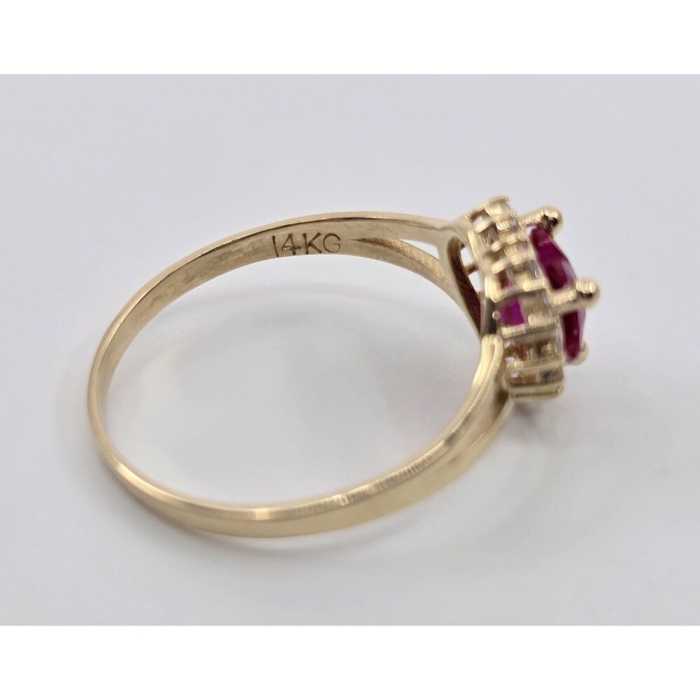 14K Solid Yellow Gold Designer Heart Shaped Synthetic Ruby & CZ Ring - Size 6.50 - Picture 12 of 14